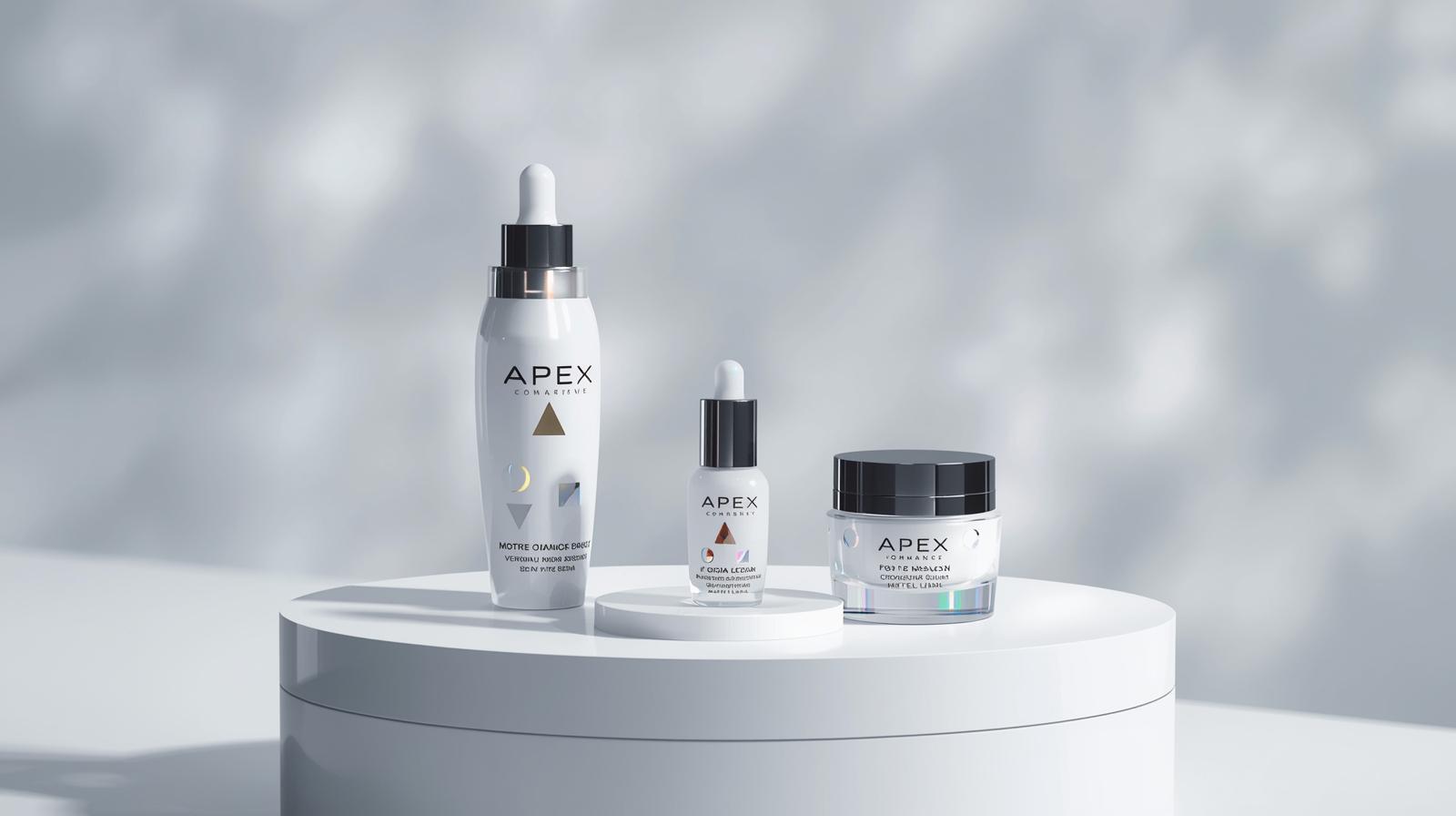 Apex commerce launching a future produce related to skincare create a photo that shows skincare products and name with apex commerce brand. (1)