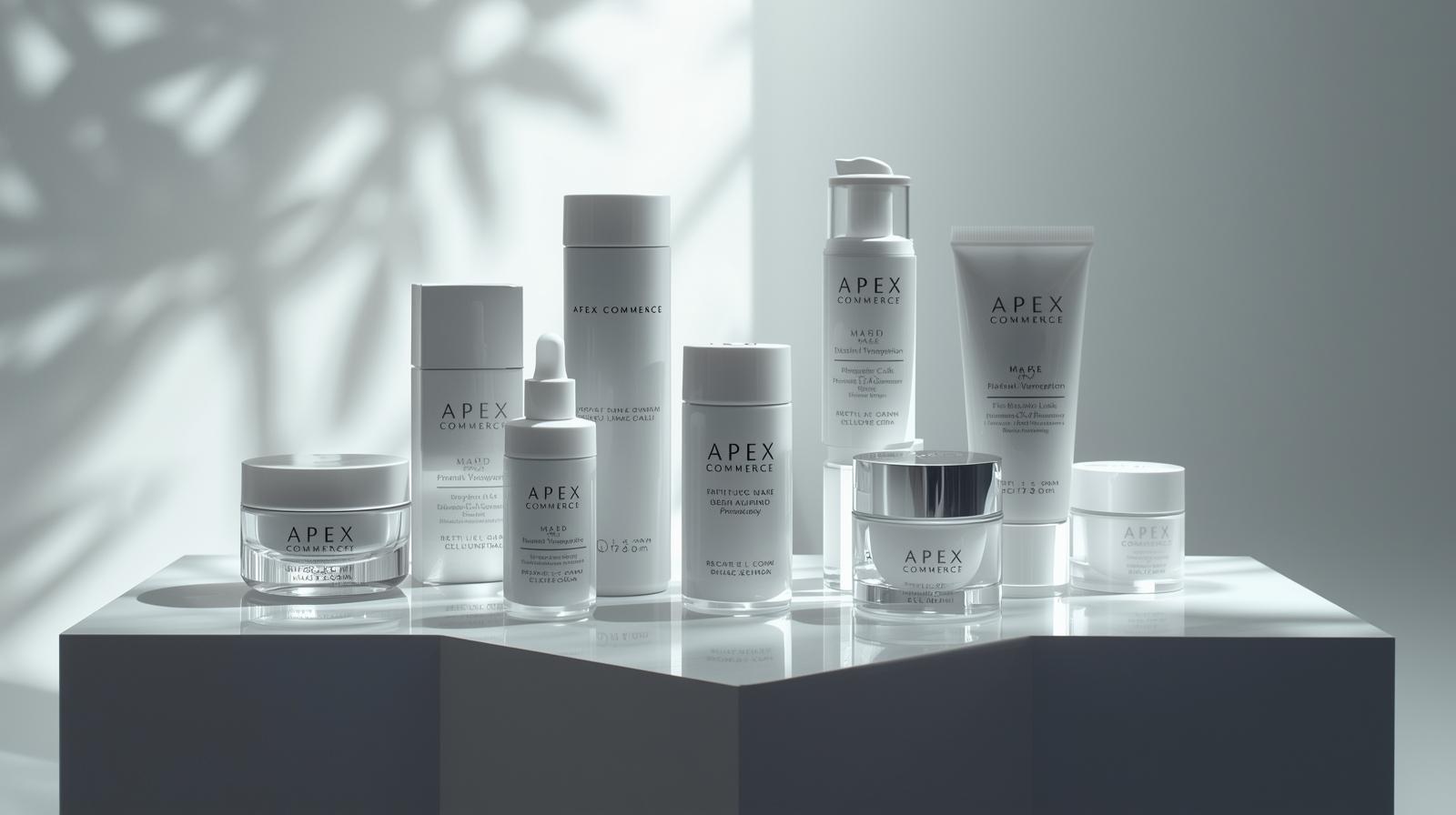 Apex commerce launching a future produce related to skincare create a photo that shows skincare products and name with apex commerce brand. (2)