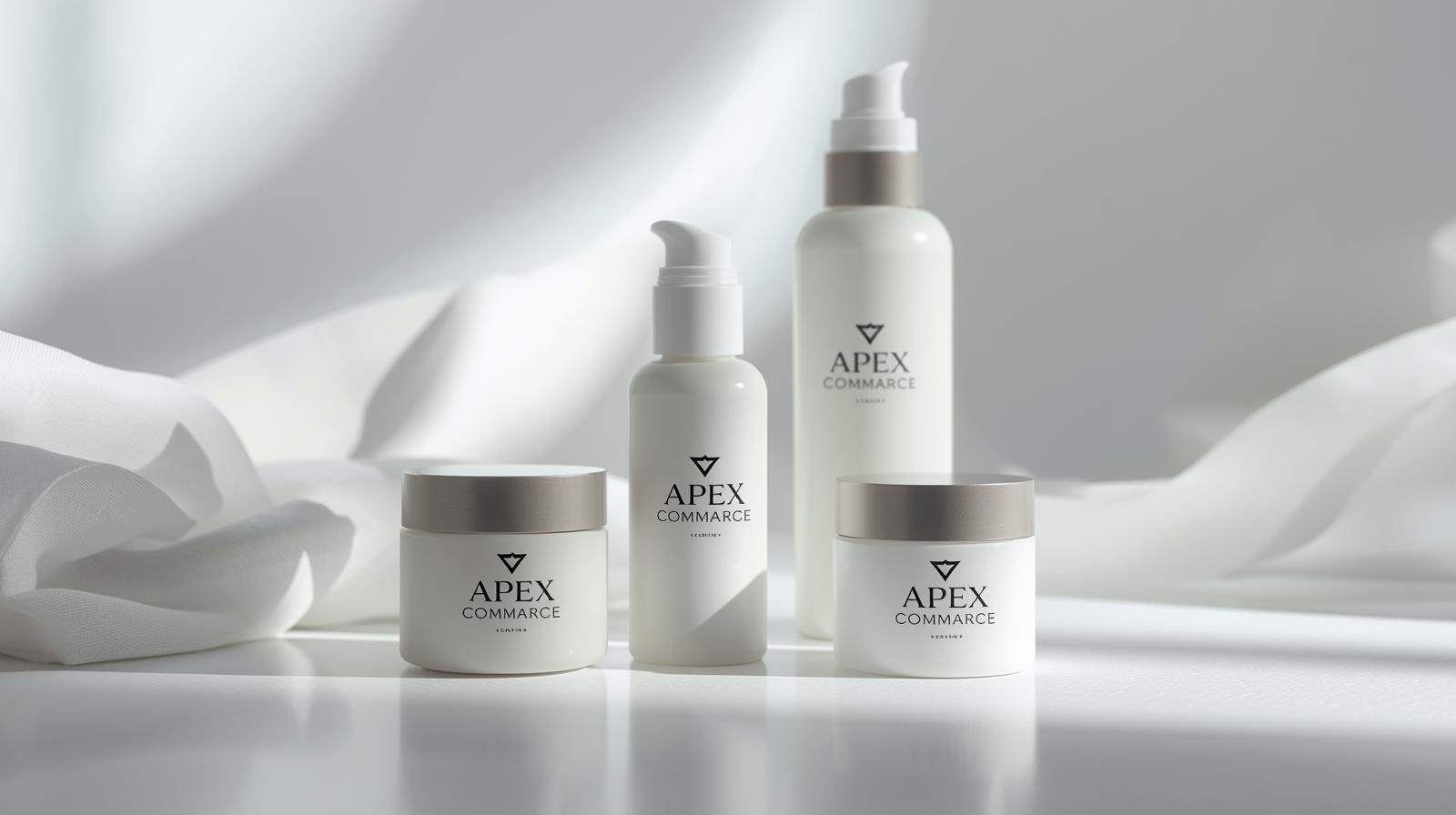 Apex commerce launching a future produce related to skincare create a photo that shows skincare products and name with apex commerce brand.