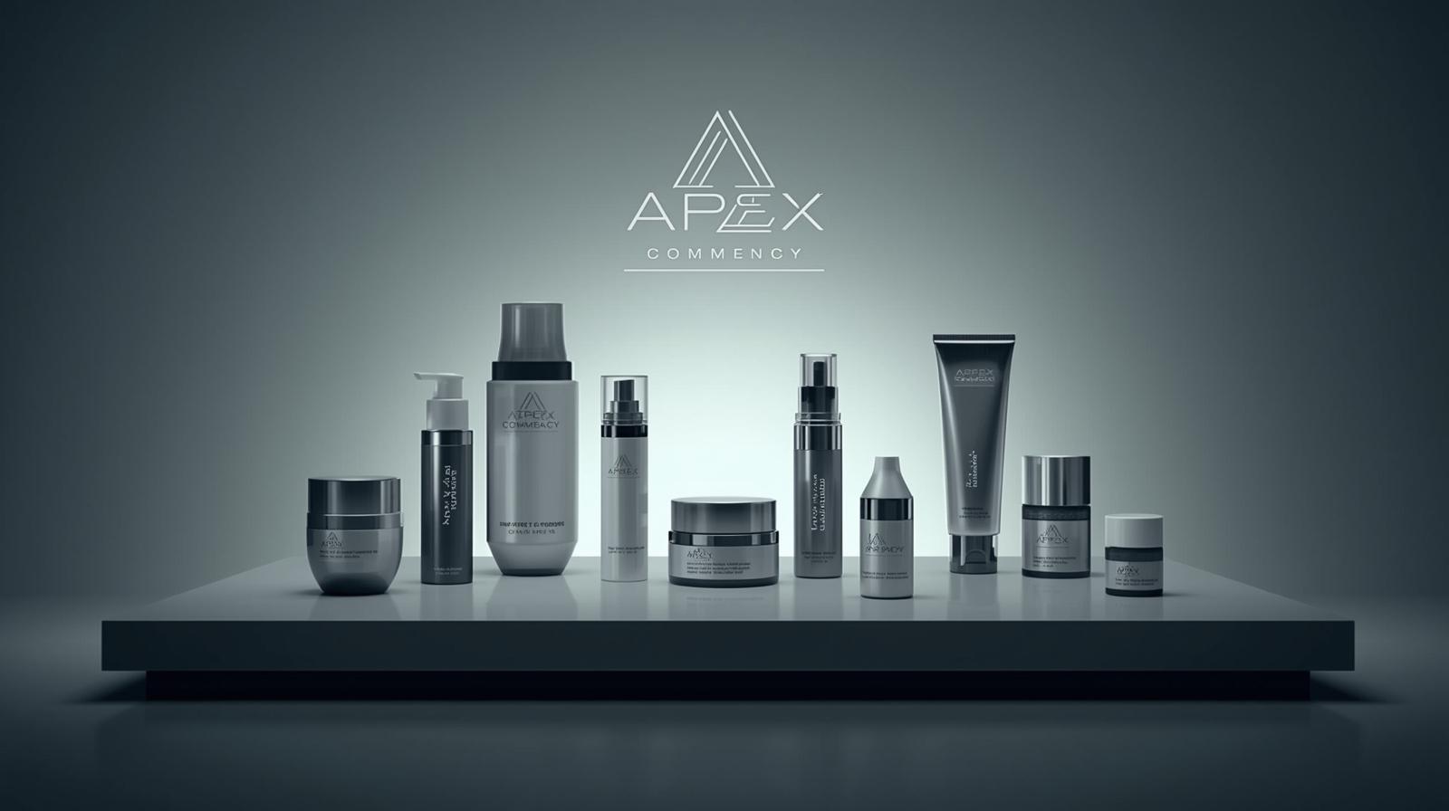 Apex commerce launching a future produce related to skincare create a photo that shows skincare products. logo is attached