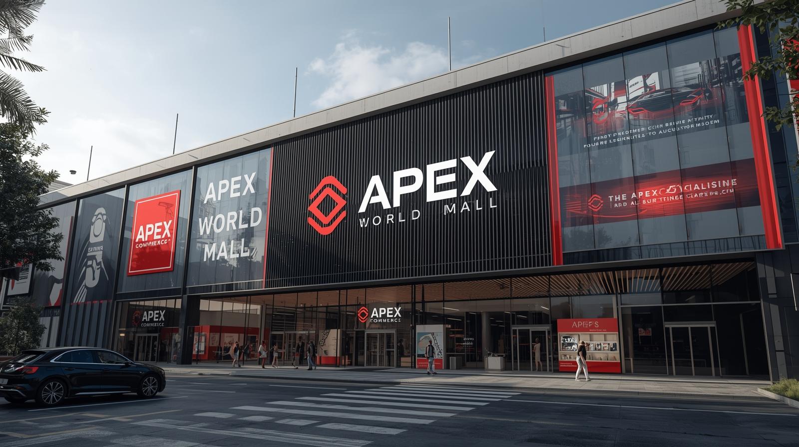 Apex commerce launching a future project related to Apex World Mall create a photo that shows Apex World Mall and name with apex commerce brand. (2)