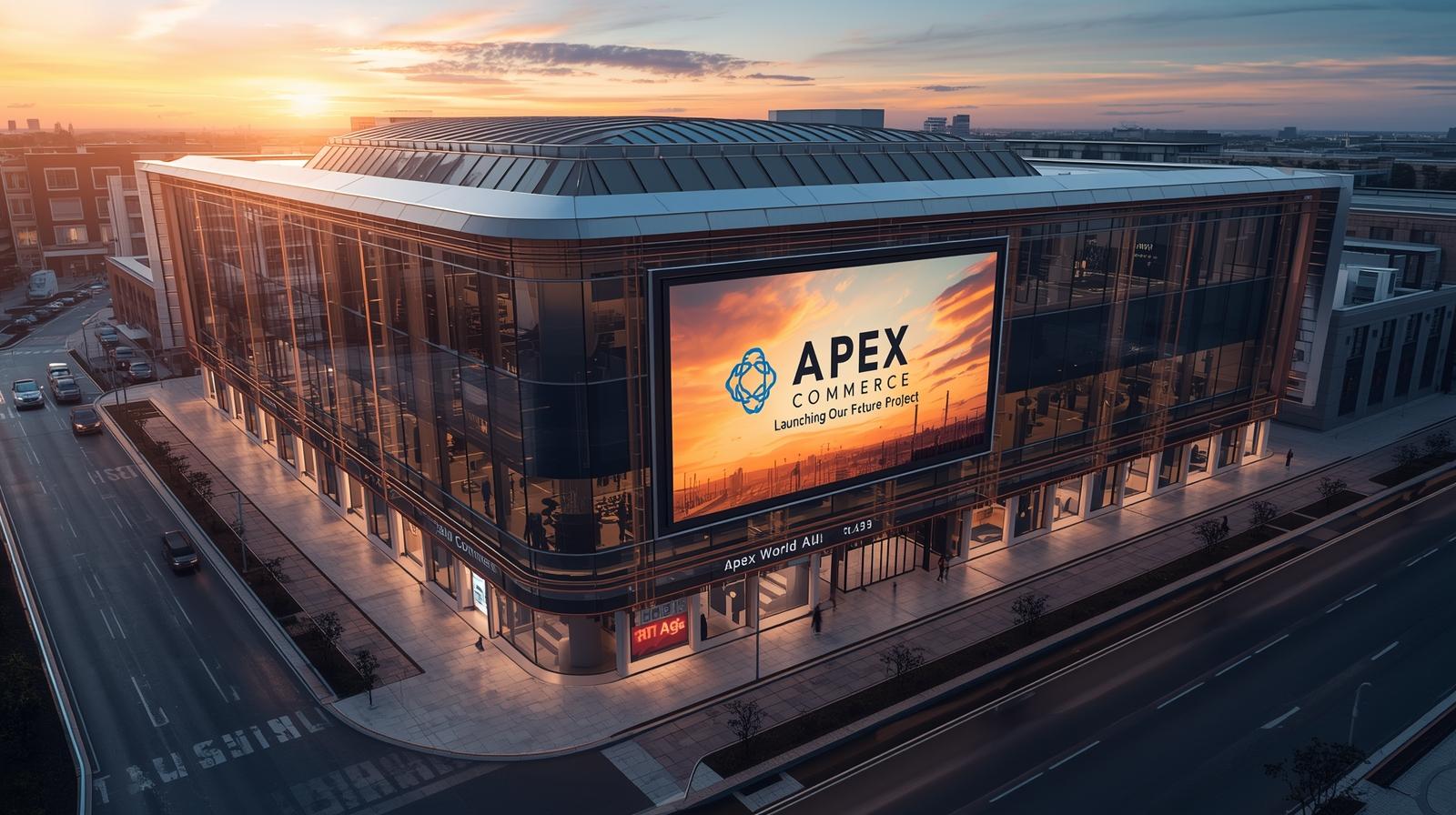 Apex commerce launching a future project related to Apex World Mall create a photo that shows Apex World Mall and name with apex commerce brand.