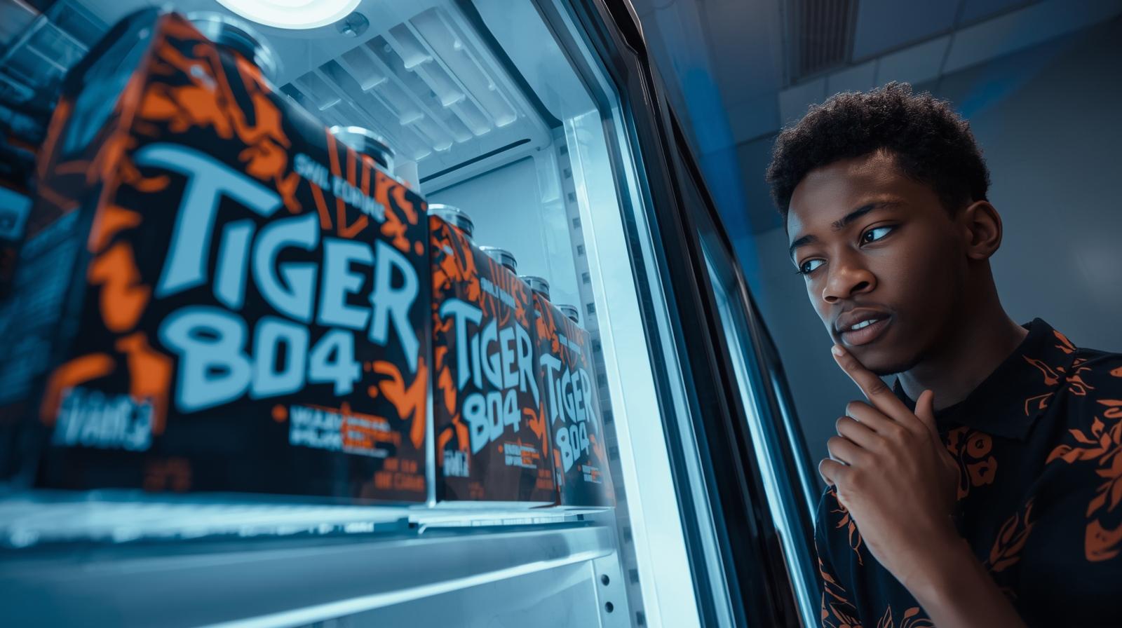 i need a picture for Product Launch & Distribution and attached picture show in freezer Tiger 804 drink with black teen pack