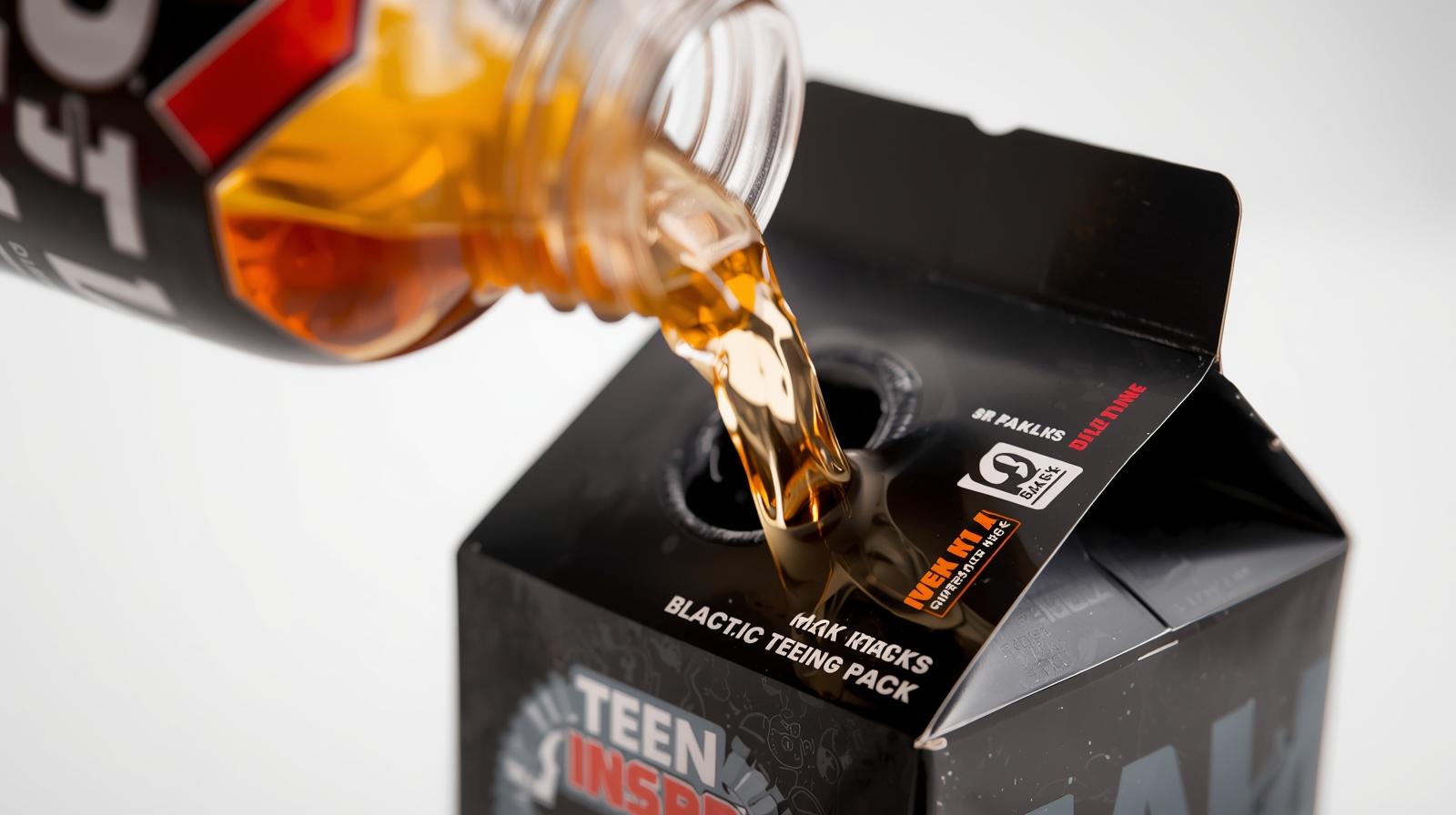 show filling of K2 Blast drink in teen pack with black color teen pack picture attached for reference